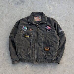 Vintage Dual control bomber jacket made of heavyweight washed gray canvas